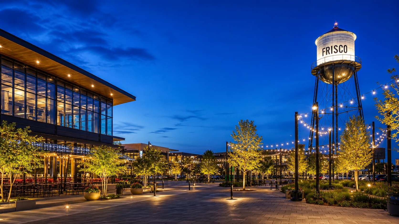 Illuminated Frisco plaza and water tower beneath a bright blue evening sky