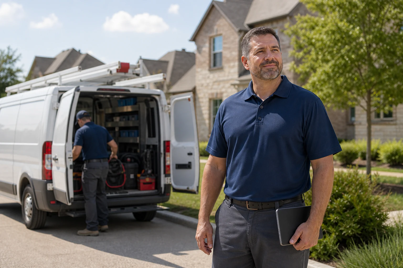 Established Frisco home-services owner at a neighborhood job site